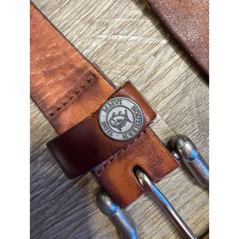 Southern Tide Mens Skipjack Tuna Embroidered Webbed Leather Belt Tan Navy 42